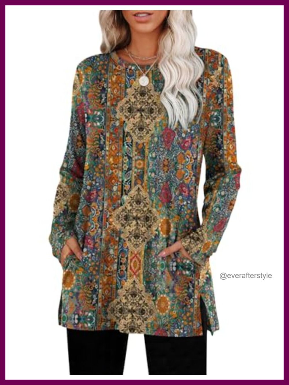 Womens Tunic Sweater Crewneck Long Sleeve with Pockets Side Slit Casual Fall